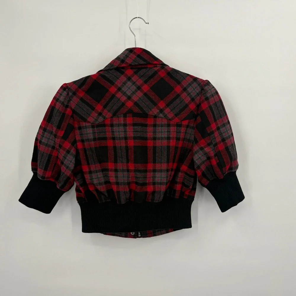 Forever 21 Red Black Plaid Cropped Bomber Jacket Wool Blend 3/4 Sleeve Small Y2K - Picture 2 of 10